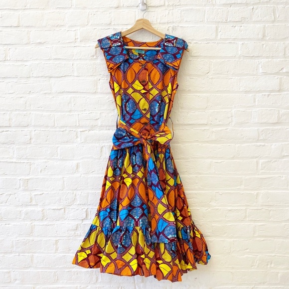 Sika || Tie Waist Button Front Fit Flare Dress Ghana West Africa UK 10 US 6 - Picture 1 of 9
